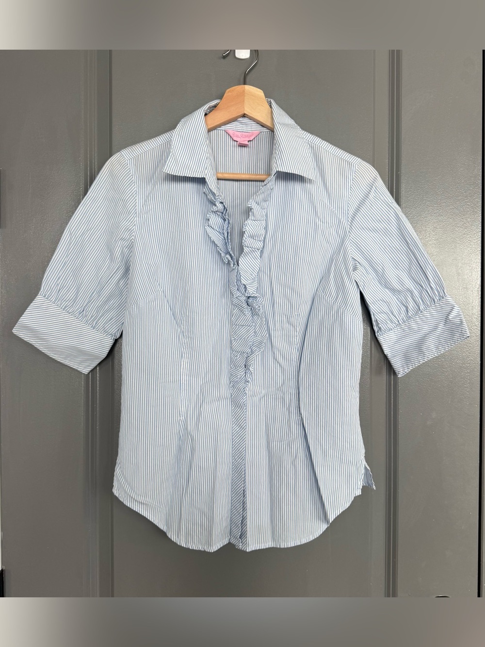 Lilly Pulitzer Blue and White Pin Striped Ruffle Front Button Up Blouse Size 6